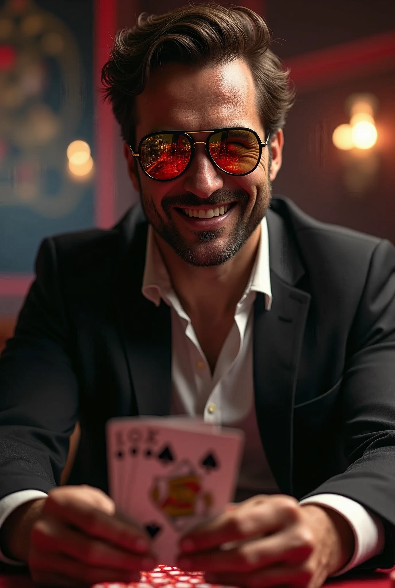 Create a high-definition image that captures the intense and confident essence of a poker player. | Visualize a charismatic poker player wearing mirror sunglasses that subtly reveal the cards in his hand. He’s smiling confidently, exuding an air of cool composure and strategic brilliance. | The background should evoke the atmosphere of a high-stakes poker game, with dim lighting and a sleek, casino-inspired setting. | The composition should emphasize the poker player's confident expression and the subtle reflection of the cards in his sunglasses, creating a sense of tension and intrigue.