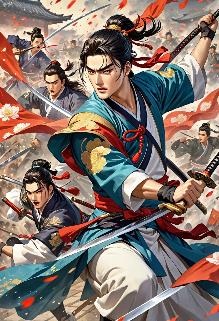 aenimeiyeon , JoJo, Zhuge Liang, oiling, handsome, 3 people, sweet boy, young man, battle, The Great War, weapon, They fight each other with swords, Three Kingdoms of the jeogbyeogdaejeon, bow
