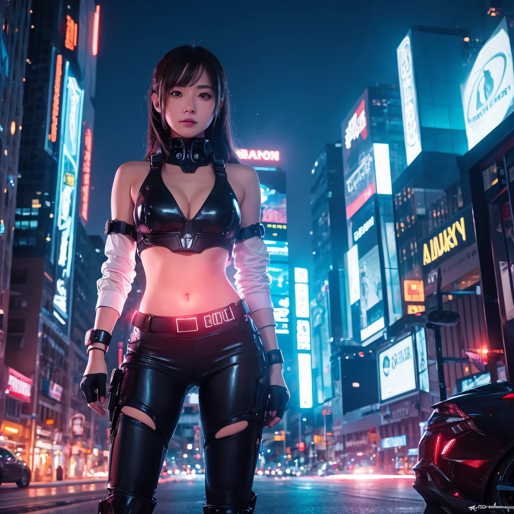 girl only the face, futuristic girl, futuristic clothing, bright lights, futuristic city, neon city, masterpiece, Best Quality, 4k, realist, very aesthetic