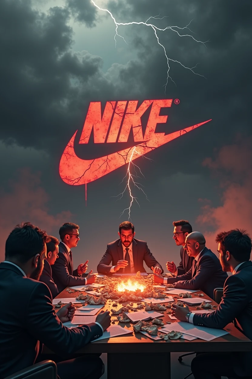 Create a hyper-realistic image depicting a catastrophic 50% drop in Nike's stock market value, symbolizing a severe and apocalyptic market crash. The atmosphere should be dark with the nike logo, ominous, and diabolical, evoking a sense of overwhelming crisis. The background should be a gloomy, stormy sky with swirling dark clouds and flashes of lightning, casting an eerie glow over a shattered stock market graph that shows a dramatic plummet.
In the foreground, show a group of high-ranking Nike executives in disarray, their expressions a mix of fear, panic, and despair. Their eyes should be wide with terror, some clutching their heads in disbelief, others frantically trying to salvage what they can. The surroundings should include burning stock certificates and crumpled financial reports scattered across a large conference table, with a large Nike logo that is cracked and crumbling.
Subtle details should include dark shadows looming over the executives, suggesting an almost supernatural force behind the crisis. The overall color palette should be dominated by deep reds, blacks, and grays, enhancing the atmosphere of doom and destruction. The image should capture the intensity and chaos of the situation, making it clear that this is a catastrophic event with dire consequences.