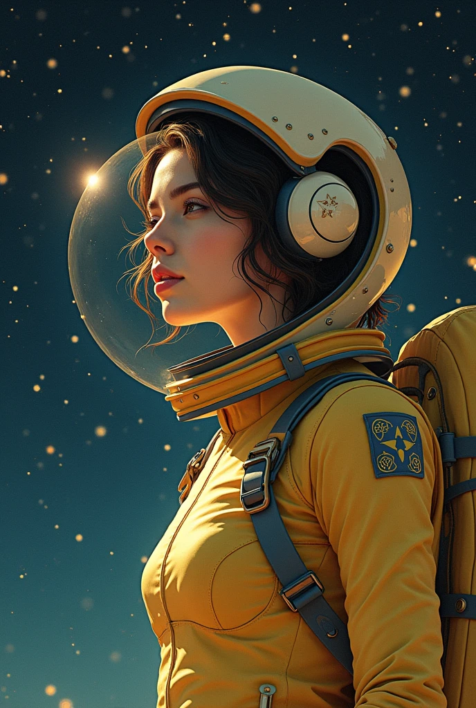 She is a beautiful space traveler, her skin color is white with wavy hair, the color of her space suit is light yellow with star designs on it.. With space helmet