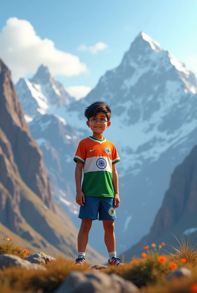 One boy standing in mountain he have ware republic day jersey his name was mukith