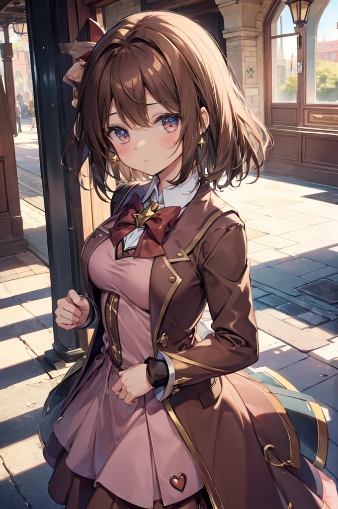 (((((brown magical girl suit))))), solo, brown hair, (((medium hair))), breast, theme park, sad
