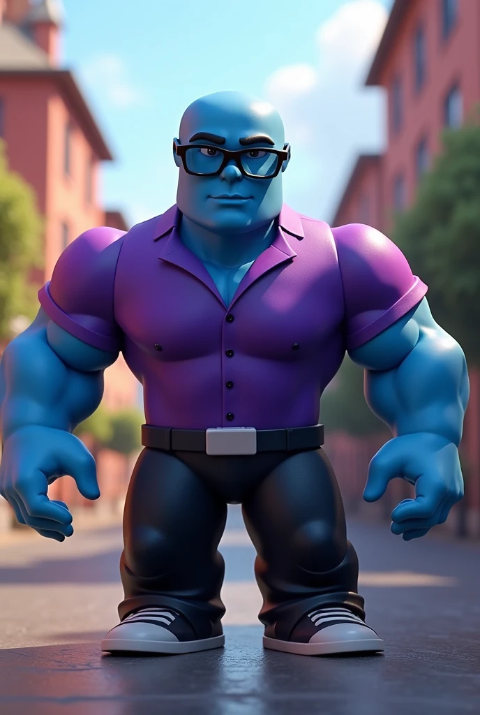 A bald guy, blue skin tone, wear glasses, wears purple shirt, black pants, muscular, Roblox style