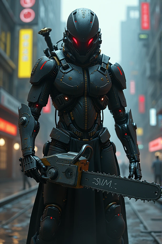 Dark_fantasy,cyberpunk,(chain saw,chain saw man,Red:1.1),1man,Mechanical marvel,Robotic presence,Cybernetic guardian,