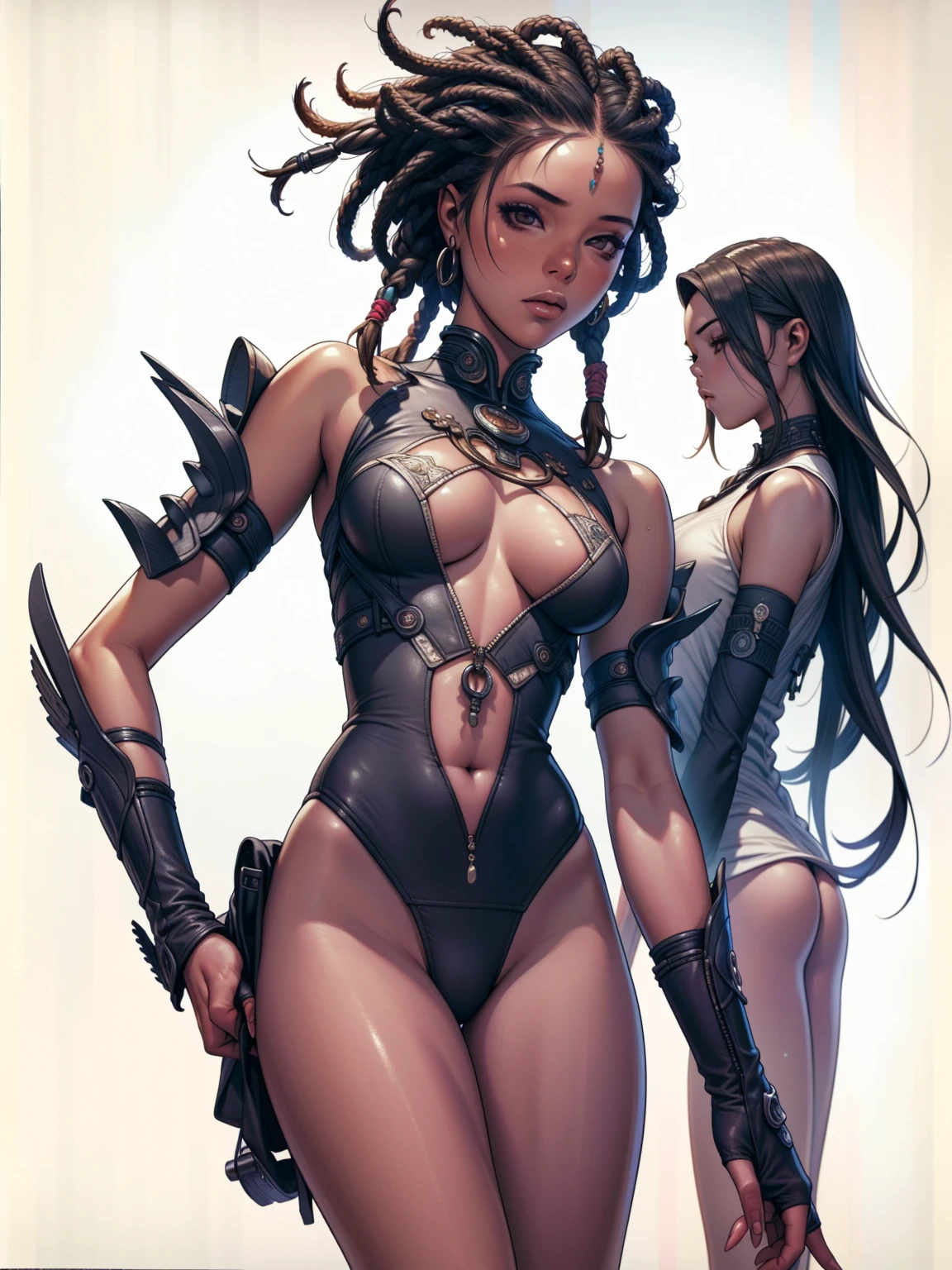 ((best qualityer)), ((work of art)), (detailded: 1.4), (absurdrez), (((black girl))), african girl, (((skin black, darkskin))), Neon genesis evangelion, afro girl, Zulu warrior, African bracelets and necklaces, skin black, cybernetic hands, red futuristic short clothes, green and black, african savannah, defined muscular sculptural body, all-body, coxas nuas, cloused mouth, body covered in cyberpunk clothes, ((perfect medium breasts)),  (super light brown eyes), ((afro hair)), (((cabelo preto e branco com dreadlocks)))), long black eyelashes heavy makeup, various African jewels, naked legs, by mucha, private--V5, close to real, psychopath, pose sexy, fundo african savannah, 2 piece outfit, cake, centred, scale to adjust dimensions, HDR (high-range dynamics), ray tracing,nvidia RTX,Super-resolution,Irreal 5,subsurface scattering, PBR Texture, Post-processing, Anisotropic filtering, Depth of field, Maximum clarity and sharpness, Multilayer textures, Albedo and Specular Maps, Surface shading, Accurate simulation of light-material interaction, perfect proportions, octane rendering, two tone lighting, large aperture, Low ISO, White balance, rule of thirds, 8K CRU, African standards