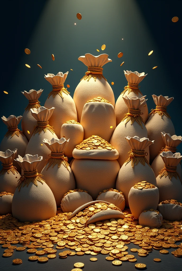 Generator 2D image of, a lot of money bags and a lot of money and coins in a black background ,in landscape Mall