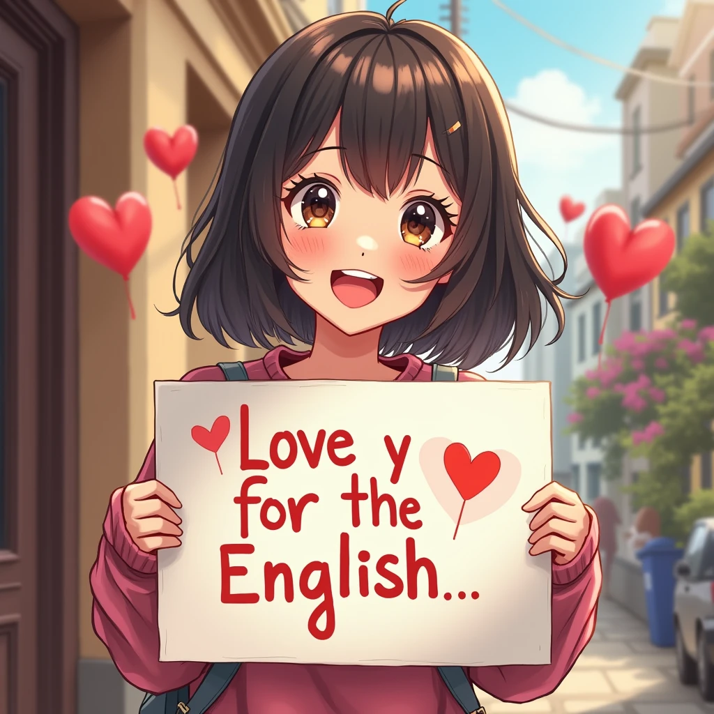A beautiful and cute woman holding up a sign "I ❤ English.", Joyful, Happy, Anime illustration, Realistic, oil