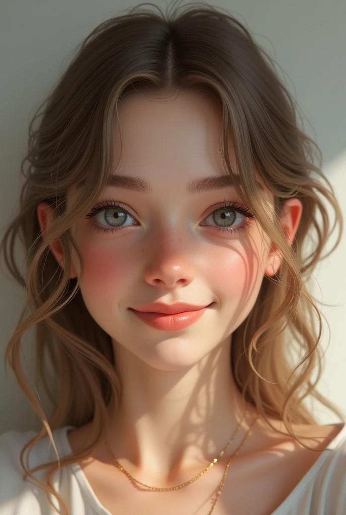 The head of a smiling teenage girl. She is dark blonde with mid-length hair.. She wears a golden chain. His eyes are gray.