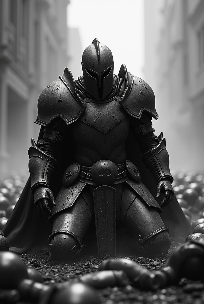 Make a paladin in black and white colors with a demonic aura with shading on the face But have him kneeling refusing to die and have the helmet be complete with face protection but make the armor look battered and have bodies around so that you can&#39;t see their faces and the armor looks more battered 