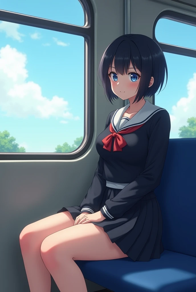 an anime woman with short black hair, blue eyes, wearing a school uniform with a small blouse and with a very developed body and large proportions, old woman sitting on the bus seat next to me, then she got up and went to look at the window and left the mark of her butt on the bench where she was sitting