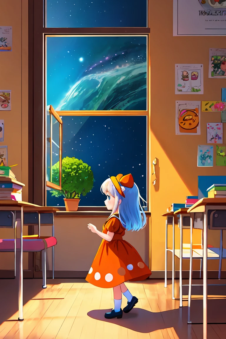an image of a little girl, front view, full body in an orange dress with different movements, inspired by Mario Comensoli, a screenshot, behance, in school or classroom, children illustration, kids book illustration, childrenbook illustration, illustration for children, children's illustration, childrens book illustration, colorful kids book illustration