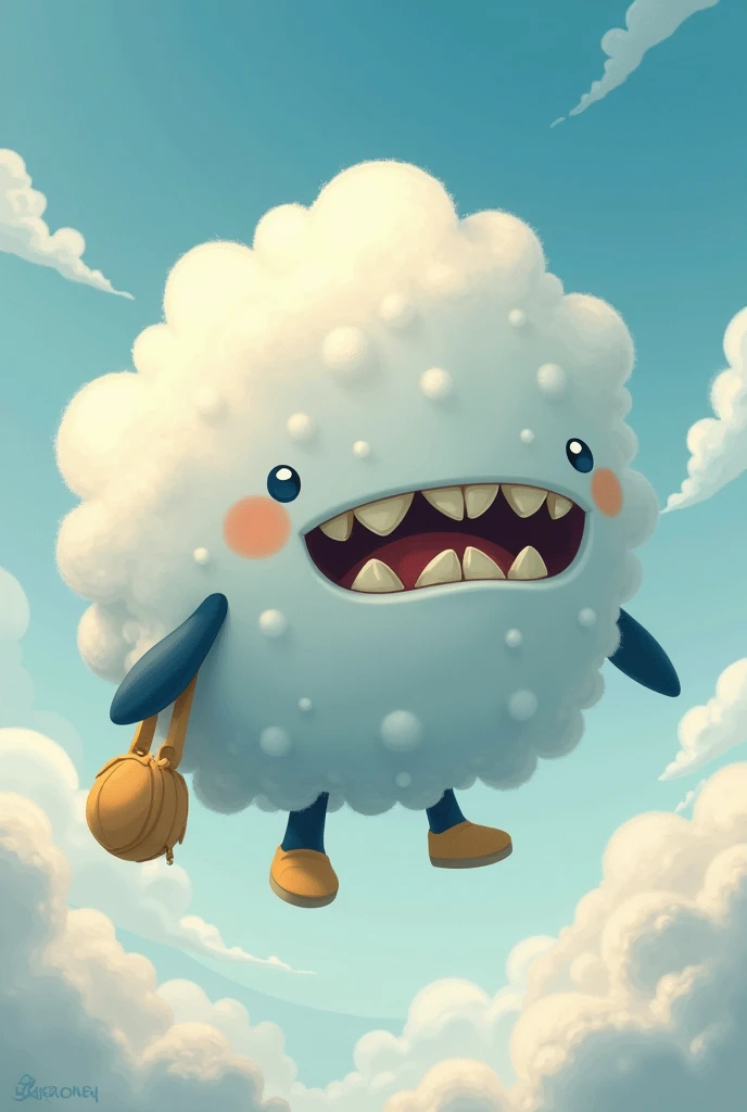 I would like you to create an image of a fictional character called Jagia.。Jagiya is a cloud in the sky。The body is round and patterned.。They have large, long, jagged teeth.。With hands and feet、I can walk.、Swim like a penguin。If you forget something、In a bag、Will bring it。and、Give me the whole bag。