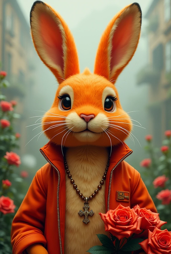 Orange hare as if he were a tender airplane pilot, with a theme of Santa Rosa de Lima from Peru and bouquets of red roses and a cross necklace