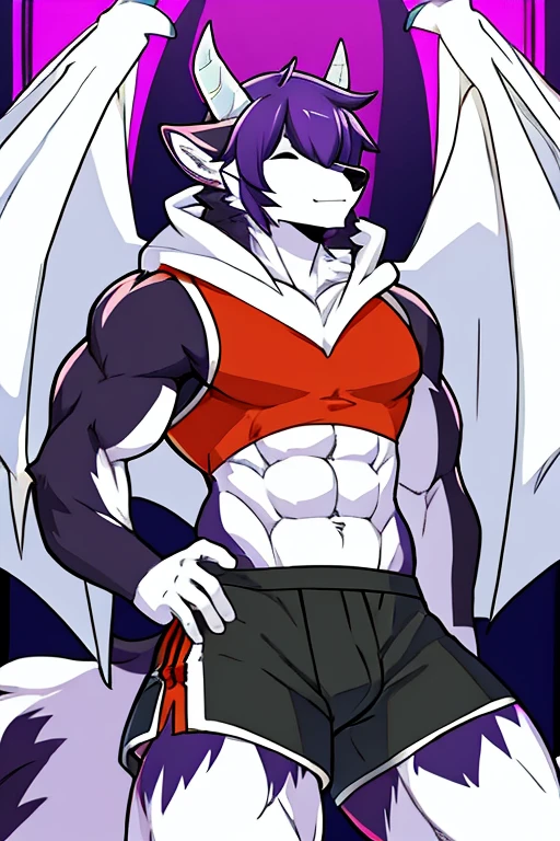 Male Alaskan Malamute Dog Purple and White Fur, With horns, demon wings , hair covering her eyes, White cap, muscular, sleeveless hooded sweater, shorts negros