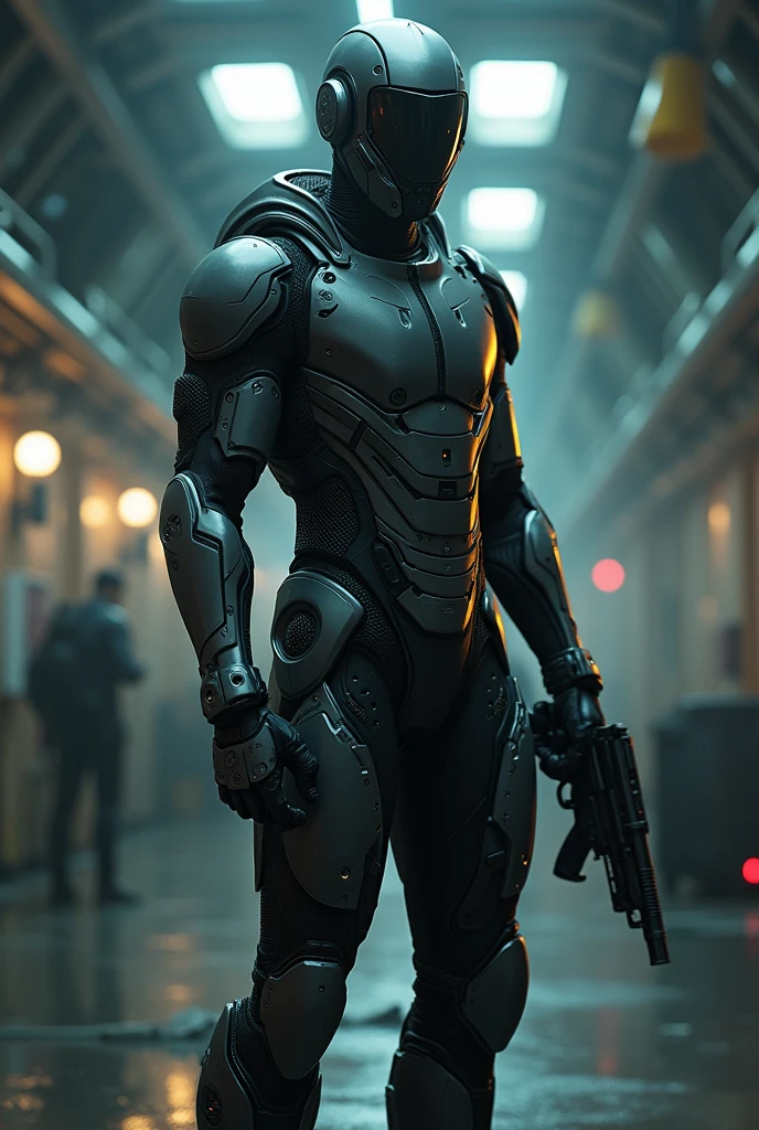 man in technological clothing with gun in hand 