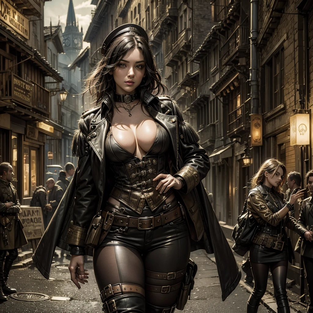 a sexy woman in a steampunk military uniform in a gothic village observing its grotesque and surreal inhabitants