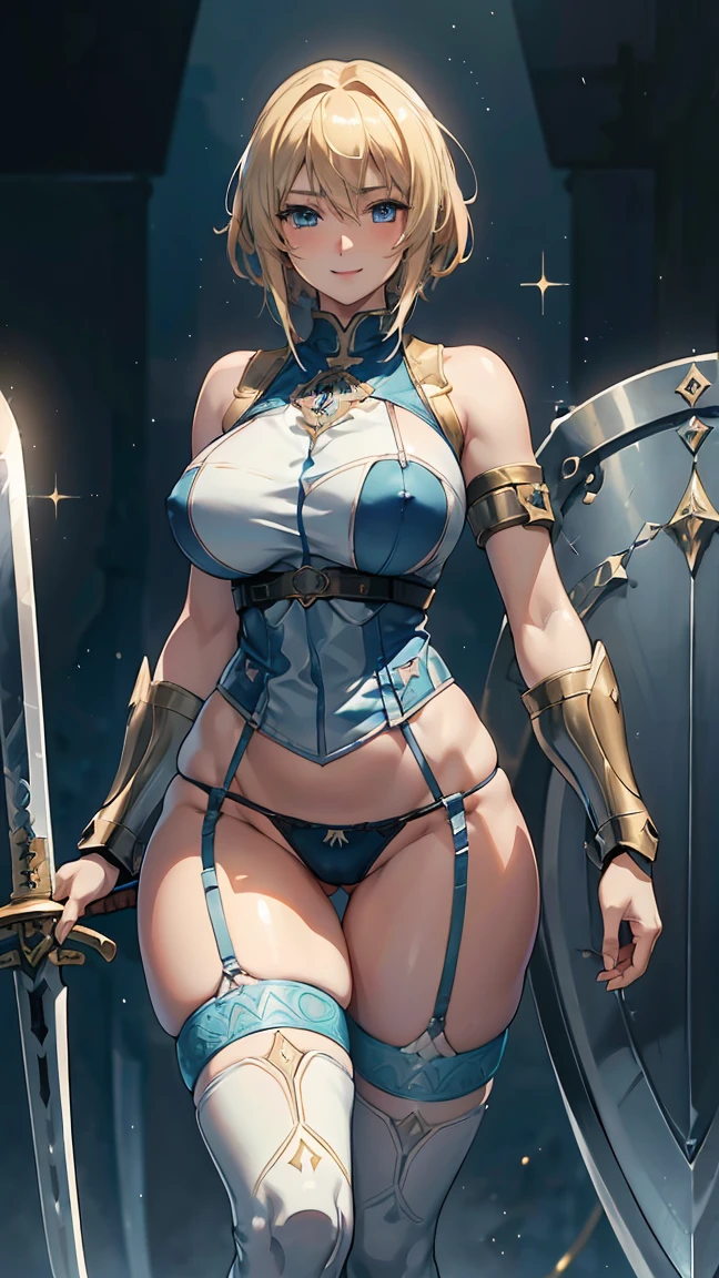 Browsing Caution,Sensual, Long blonde hair, Thick thighs, 8k, 4K, Highest quality, (High resolution:1.6), Cute anime face, Noise Reduction,short hair,Flaxen Hair、 Spread your legs, (Sparkling Blue Eyes, A kind smile:1.3, Kind eyes:1.ung Face, Anime Eyes, Asheria、(Sword in right hand:1.5)、(Equipped with a shield on the left arm:1.5)、(Sant:1.9)、Large areola, Pupples:1.ng tige-high boots、(garter belt:1.5)、Beautiful Hands、Beautiful fingers、(High cut thong:1.5),squat,
