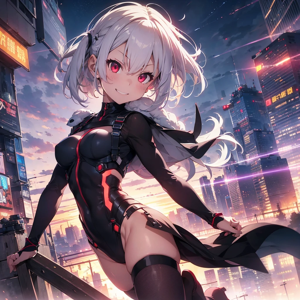 Detailed, 1 female, high angle, MHA, Mirko, short white hair, undercut hair, bright red eyes, big smile, angry smile, intense face, muscular quads, purple thigh highs, harness, upgraded suit, gust of wind, futuristic city background, neon city, detailed background, vascular legs, dynamic pose, cinematic lighting, sunset,