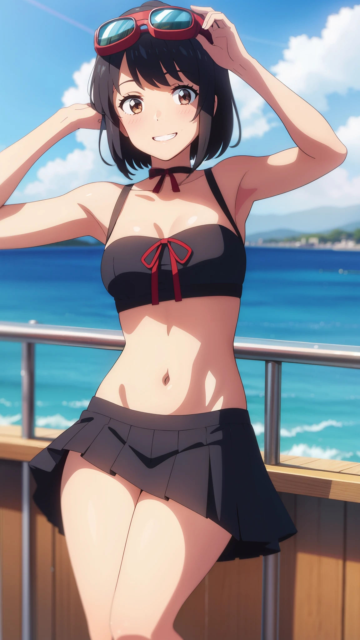 shinkai makoto, kimi no na wa., 1girl, bangs, black hair, blush, brown eyes, perfect face, looking at the viewer, idol costume, red ribbon, short hair, solo, shinny skin, smile, cute, open mouth, grin, hair ornaments, crop top, navel, goggles on head, skirt, On a yacht, Beautiful background, The background is a beautiful sea, joy, (masterpiece), best quality