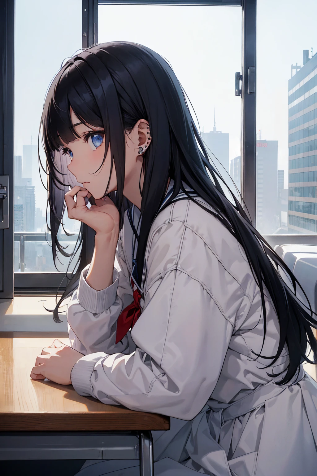 Highest quality)), ((masterpiece)), (detailed), Perfect Face, classroom, Sit by the window, Wearing wired earphones , Side view, profile, Hand slamming on table towards camera, Sailor suit for winter, noon, Dim lighting, Calm colors, Close your eyes, Face supporting hand by window, Fair-skinned teenage girl, Long black hair, Blunt bangs, Piercing blue eyes, Characters do not recognize the camera, The character is facing to the right of the picture, Character&#39;s right window, A camera shot from below at a slight angle, Tilt the camera slightly to the right, Small breasts，Flat chest