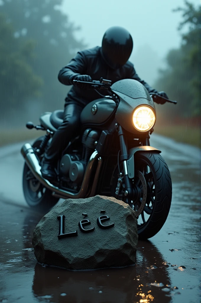 Motorcycle in the rain with the name Lee written with a stone