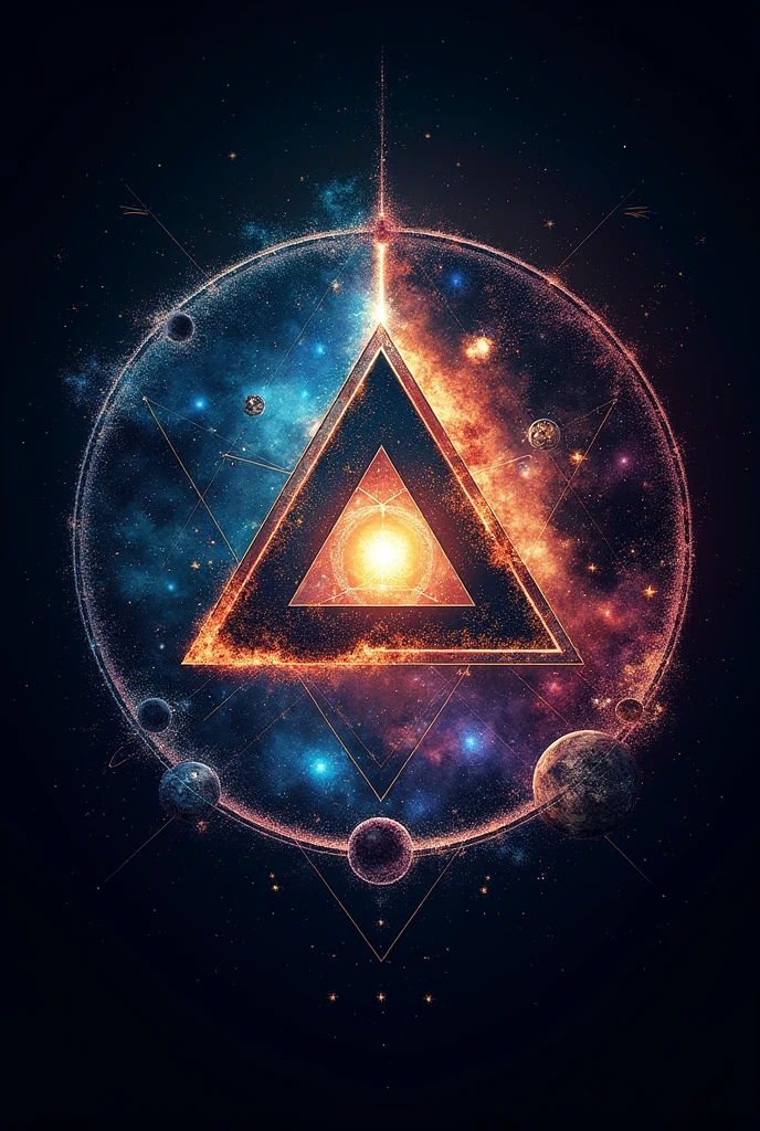 Create THE SHISHAZ best band logo for me like exploring universe, black hole, warm hole, stars, planet, milky way, multiverse, interstaller, constellation,parallel universe, time travel, time dilation, tesseract, another dimension, universe, music, orbit, moons, and much more other space stuffs make it in a triangle and circle and use a good fonts. Make it best of best