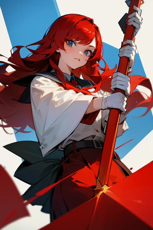 high school girl, Red hair, Russian, Holding up the symbol of communism