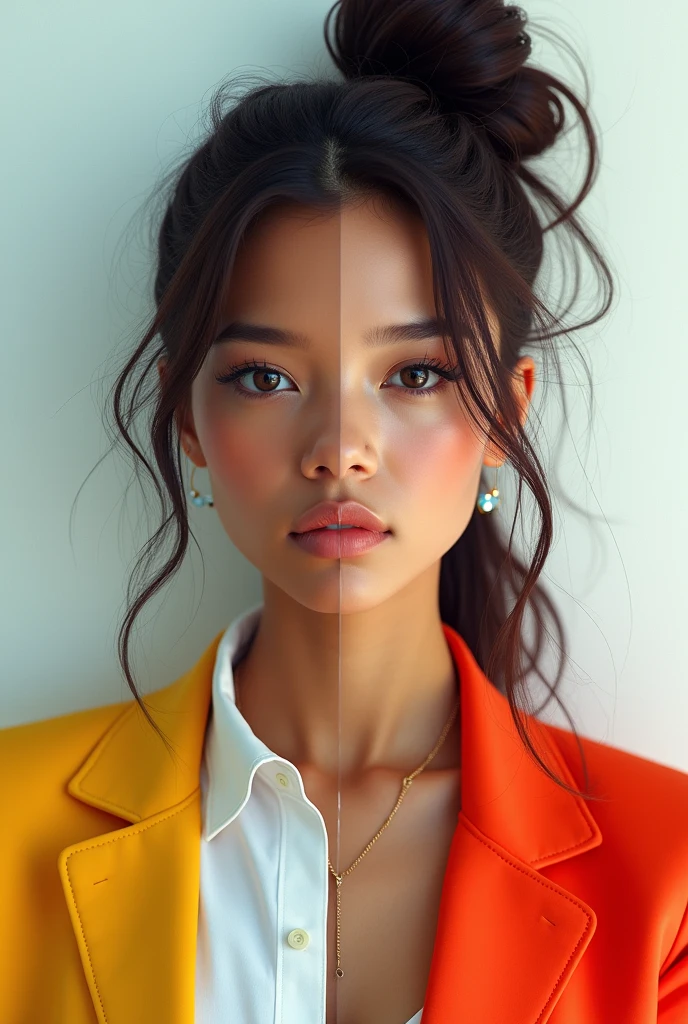 Generate an image of a girl. Half of her should depict a confident gurl who like to dress up, wear make up and do her hair while also liking broadcasting. The other half should be of a student who doesnt care about her appearance and is focused on studying. 