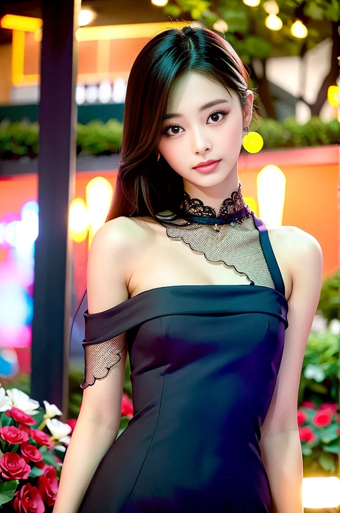 Tzuyu 1, woman, (Realistic), (Hyperrealism), (photoRealistic), Written boundary depth, eye make up:0.7 (whole body:1.8), (Large Bust),(Tight waist), Observe the audience,At the flower garden, Fashion Model, A sexy dress with open shoulders and neckline