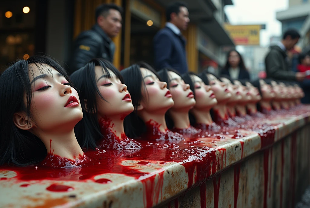 Several decapitated heads of beautiful women, on a table, in a public market, full of blood, blood flowing, ((eyes closed)), bleeding, photorealistic, 4K, Nikon, horror, public market, beautiful asian face, realistic, hyper realistic