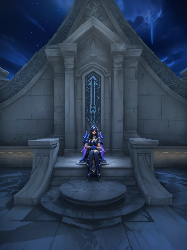 There is a woman sitting on a stone bench in front of a building., sitting on an obsidian throne, Irelia, irelia from league of legends, sitting on a stone throne, sitting on an intricate throne, perched on the intricate throne, sitting on the porcelain throne, sitting on an ice throne, near the crystal temple in Atlantis, seraphine ahri kda