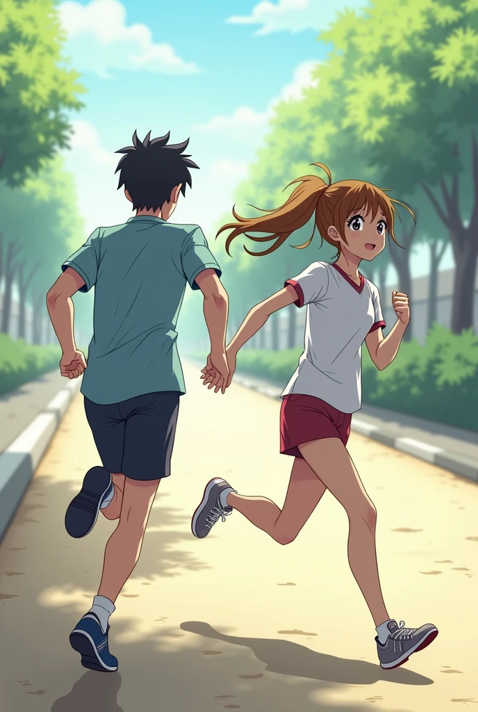 Anime girl running with guy. The girl is ahead and they're holding hands. Side view.