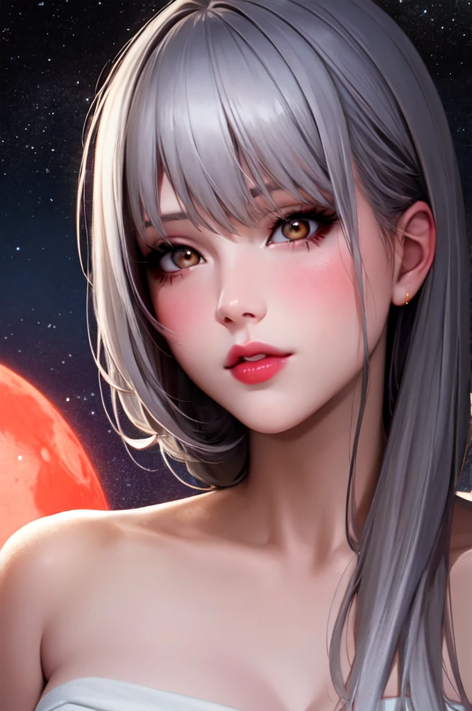 1girl, beautiful face, ((white eyes)), sexy pose, Red moon in the background, stars, space, (lightroom:1.13), soft light, (natural skin texture:1.2), (hyperrealism:1.2), sharp focus, focused,[[realistic]]