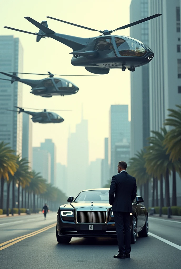 Helicaptors, Rolls-Royce car, waiting for a men in road the was seeing the helico