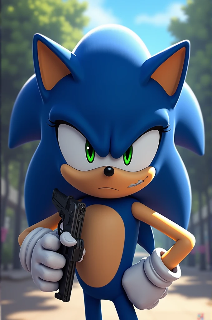Male Hedgehog, Sonic The Hedgehog, ((Sonic character)), (Male Sonic character), (Blue colored fur), (light tan muzzle), (light tan inner ears), (1boy), (solo), (Holding a FN-57 Pistol in right hand), emotionless expression, Green eyes, ((Mobian)), (Anime Art style), (Digital 2D Art)