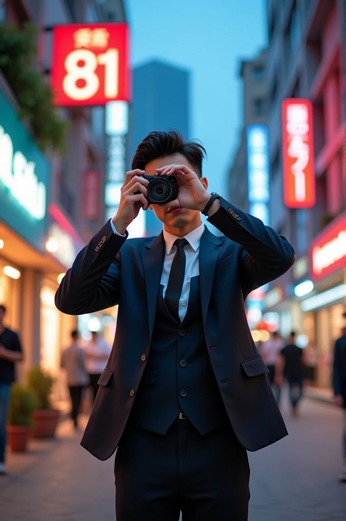 An 18 year old Vietnamese man wearing a suit, Korean hairstyle and taking a photo in Landmart 81
