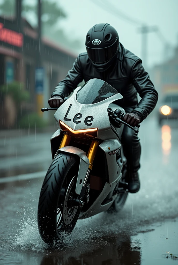 Motorcycle in the rain with the name Lee written on the motorcycle with a stone 