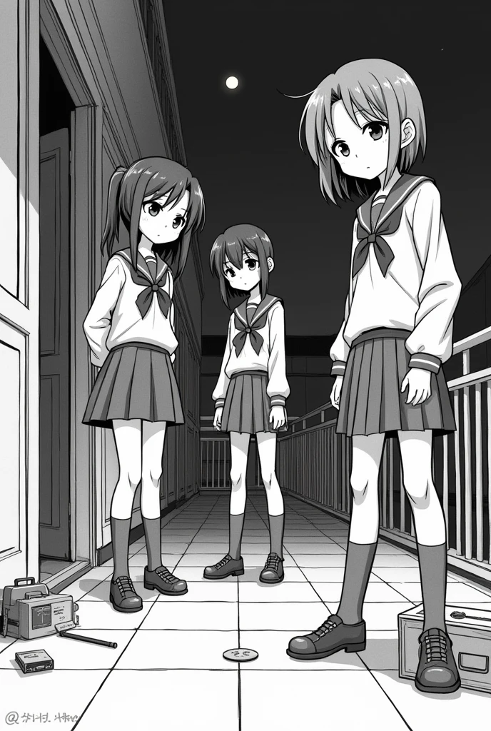 Comic like sketch of three school girl wearing uniform and staring at one tile of the floor at night in the school corridor and beside them there is a tool box and black and white colour and girls are different they are at some open space at 2 nd floor of school they are at ground of the school and it is evenig