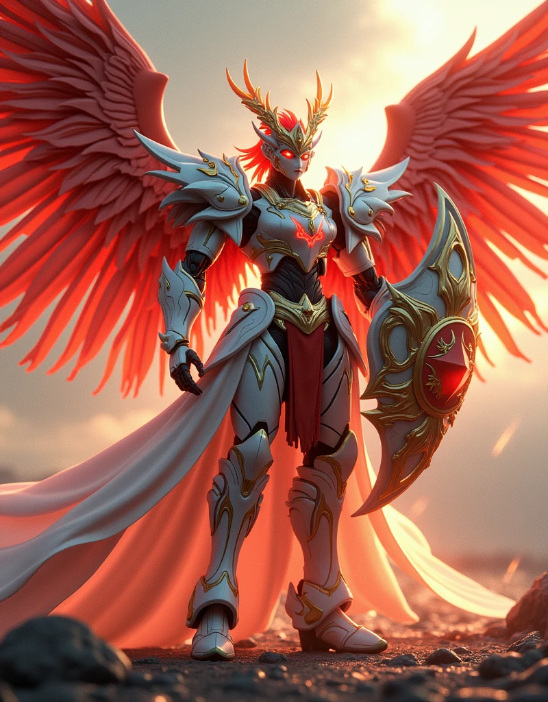 close up of robot with wings on surface, prajurit phoenix, saint seiya unreal engine rendering, phoenix solarpunk, white and red armor, detailed cosmic angel robot, a flying scarlet phoenix, glowing mecha armor, ancient dragon armor yang rumit, ancient dragon armor, intricate white and gold armor, mecha wings, high fantasy kamen rider, god king art ai, Holding the Pancasila Shield in his left hand and a long, ancient, fiery red Keris, perpfect detail. hyper realistic, 4k, ALREADY. ultra detail, Hyper maximalism, fantasy, Badass, very detail, lightning and rain,