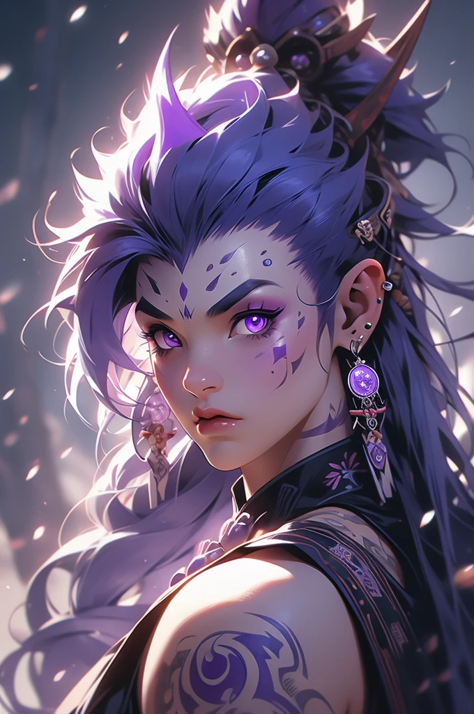 1girl, purple eyes, orc, blue Mohawk, tusks, shaman, piercing, athletic, tattoos