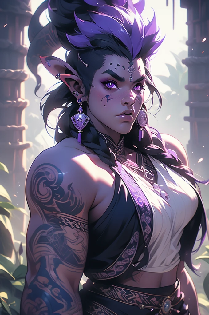 1girl, purple eyes, orc, blue Mohawk, tusks, shaman, piercing, athletic, tattoos