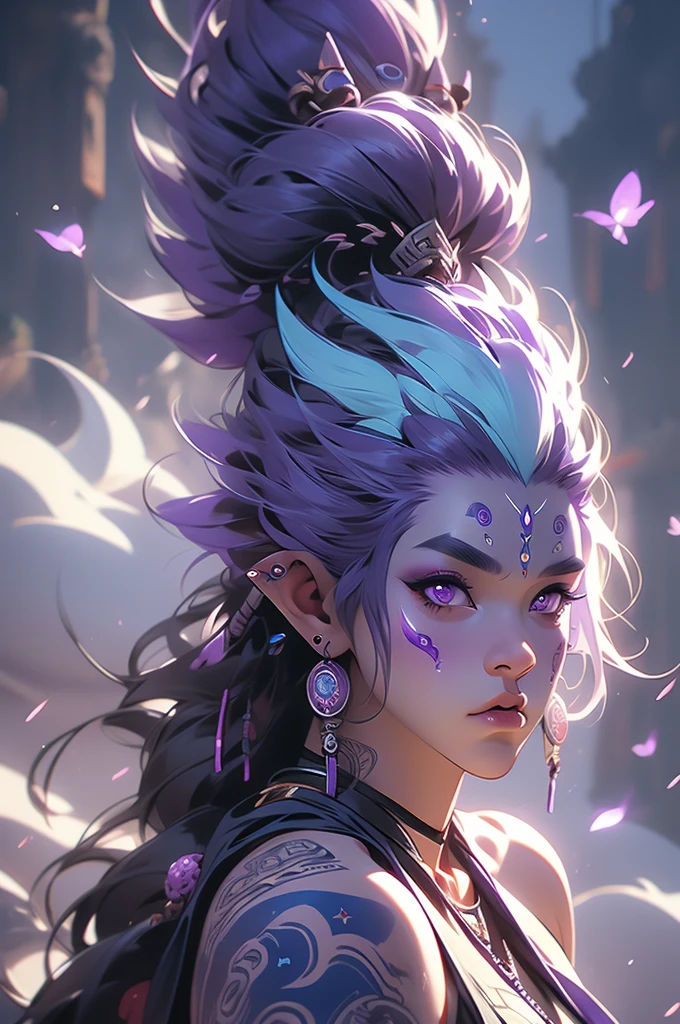 1girl, purple eyes, orc, blue Mohawk, tusks, shaman, piercing, athletic, tattoos