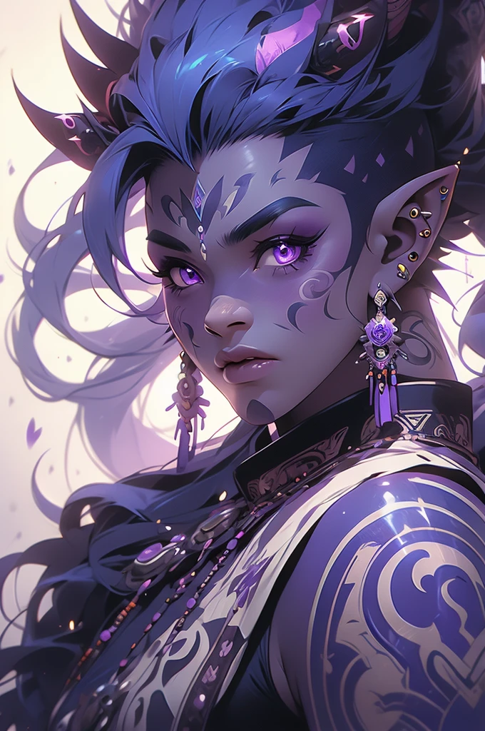 1girl, purple eyes, orc, blue Mohawk, tusks, shaman, piercing, athletic, tattoos