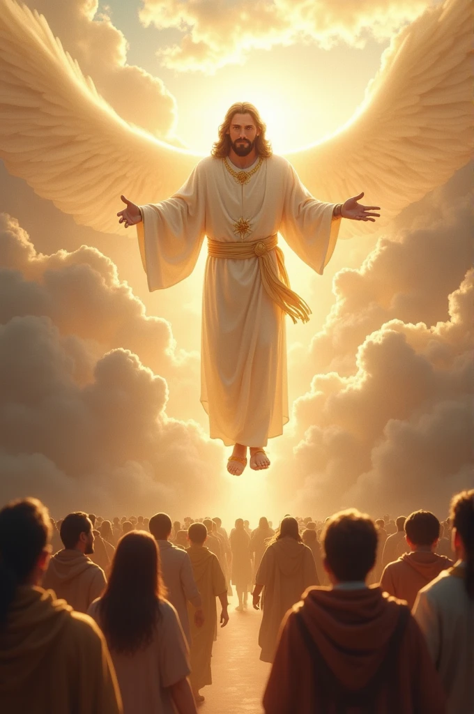 Jesus, the Creator, receiving a line of people in heaven as they arrive in a plane.