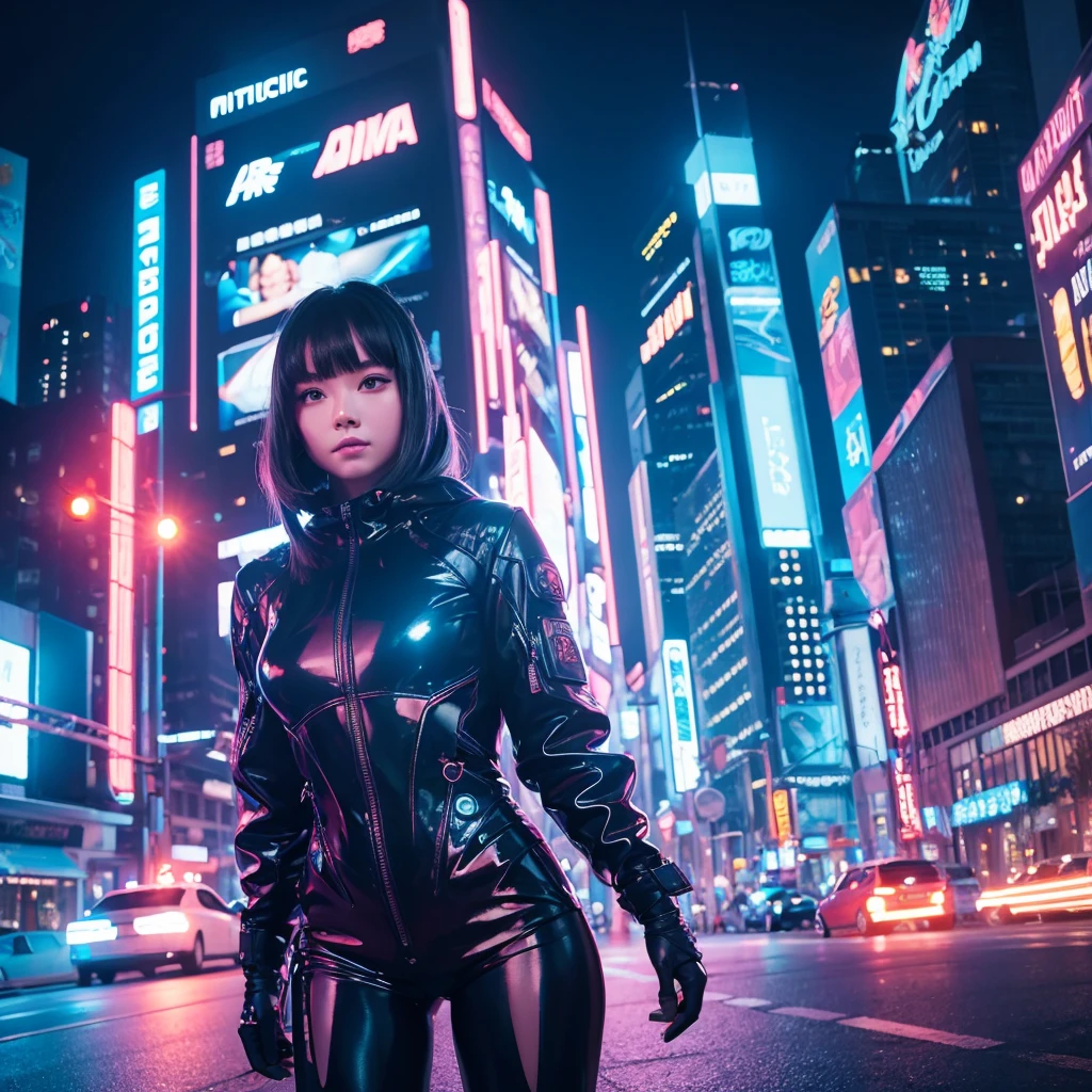 girl only the face, futuristic girl, futuristic clothing, bright lights, futuristic city, neon city, masterpiece, Best Quality, 4k, realist, very aesthetic