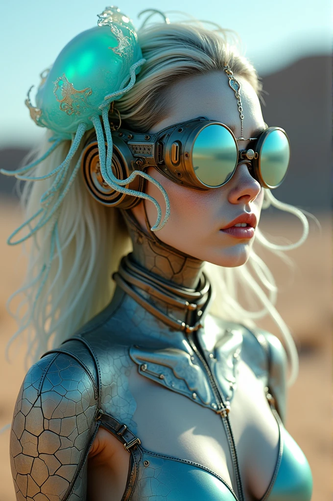 Ethereal Cyborg Woman, bioluminescent jellyfish tiara. Steampunk goggles merge with translucent tentacles. Cracked porcelain skin meets iridescent scales. Mechanical implants and delicate tendrils intertwine. Human characteristics with an otherworldly glow. Dreamy aquatic tones contrast with aged metal. Reflective eyes capture invisible worlds. Gentle bioluminescence meets a harsh desert landscape. Fusion of organic and synthetic, ancient and futuristic. Hyper-detailed textures, surreal atmosphere.