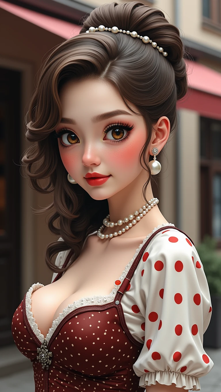 (ultra high resolution), (photorealism 16K realism), (ultra-fine digital art), ((Hyper-realistic proportional body, anatomically correct:1.2)), (super detailed beautiful face), (light pale complexion), BREAK, ((small round head and face:1.25)), (ultra detailed beautiful slim and sharp-face), (best highest detailed realistic brown_eyes:1.2), ((Insanely realistic sharp-eyes)), (droopy eyes:1.3), Thin eyebrows, Carefully draw eyelashes, Eyelash extensions, (tired and sleepy and satisfied:0.0), perfect round eyes, finely detailed pupils,BREAK, detailed lips:1.3, pink_makeup:1.14, glossy red_lipstick:1.2 ,perfect light_eyeshadows:1.25, (Detailed nose:1.2), ((Clad in a retro polka-dot dress with a cinched waist and pearl accessories, complemented by a classic updo:1.22)), (Amidst a quaint town square, with cobblestone streets lined with charming boutiques and antique shops, where time seems to stand still:1.2), (seductive:1.22),