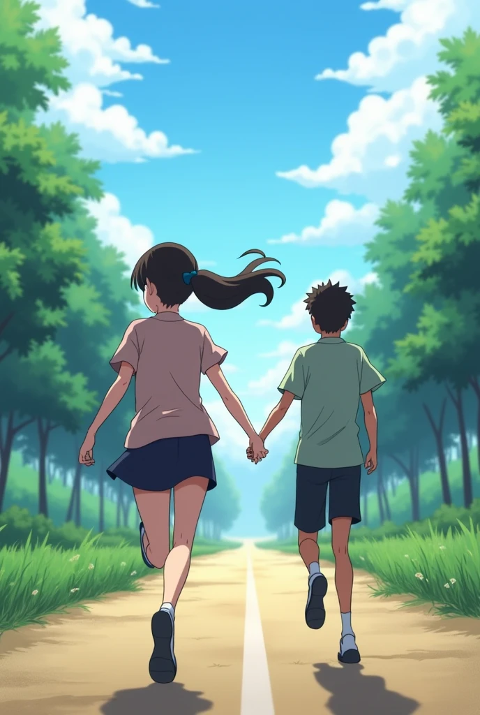 Anime girl running with guy. The girl is ahead and they're holding hands. Viewing is from the side.