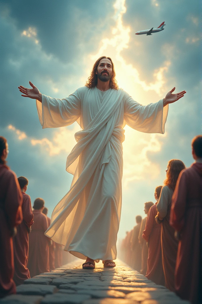 Jesus, the Creator, receiving a line of people in heaven as they arrive in a plane.